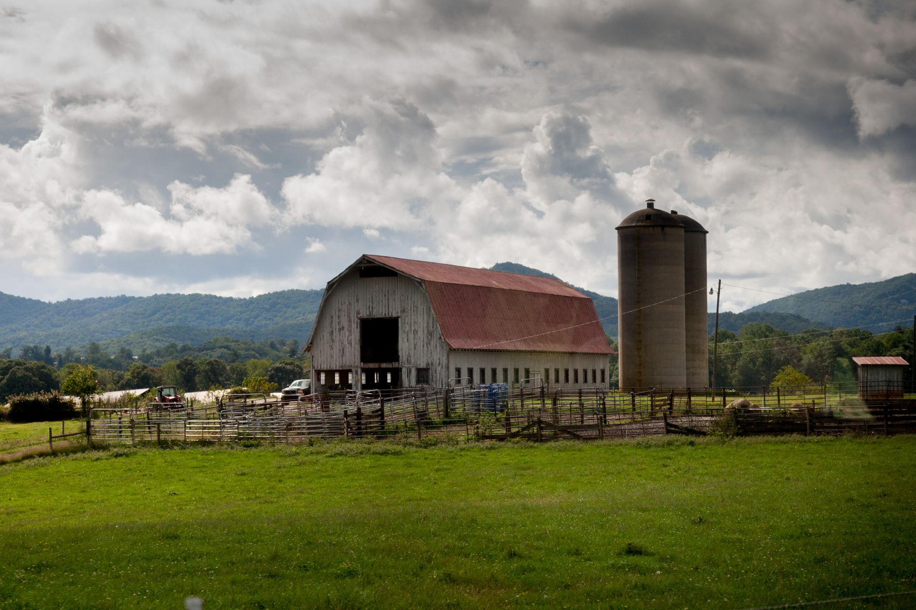Rural North Carolina lake shoreline and farmland, Montgomery County landscape