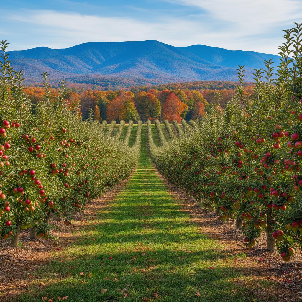 Apple orchards in Amherst County, Virginia with Blue Ridge Mountains