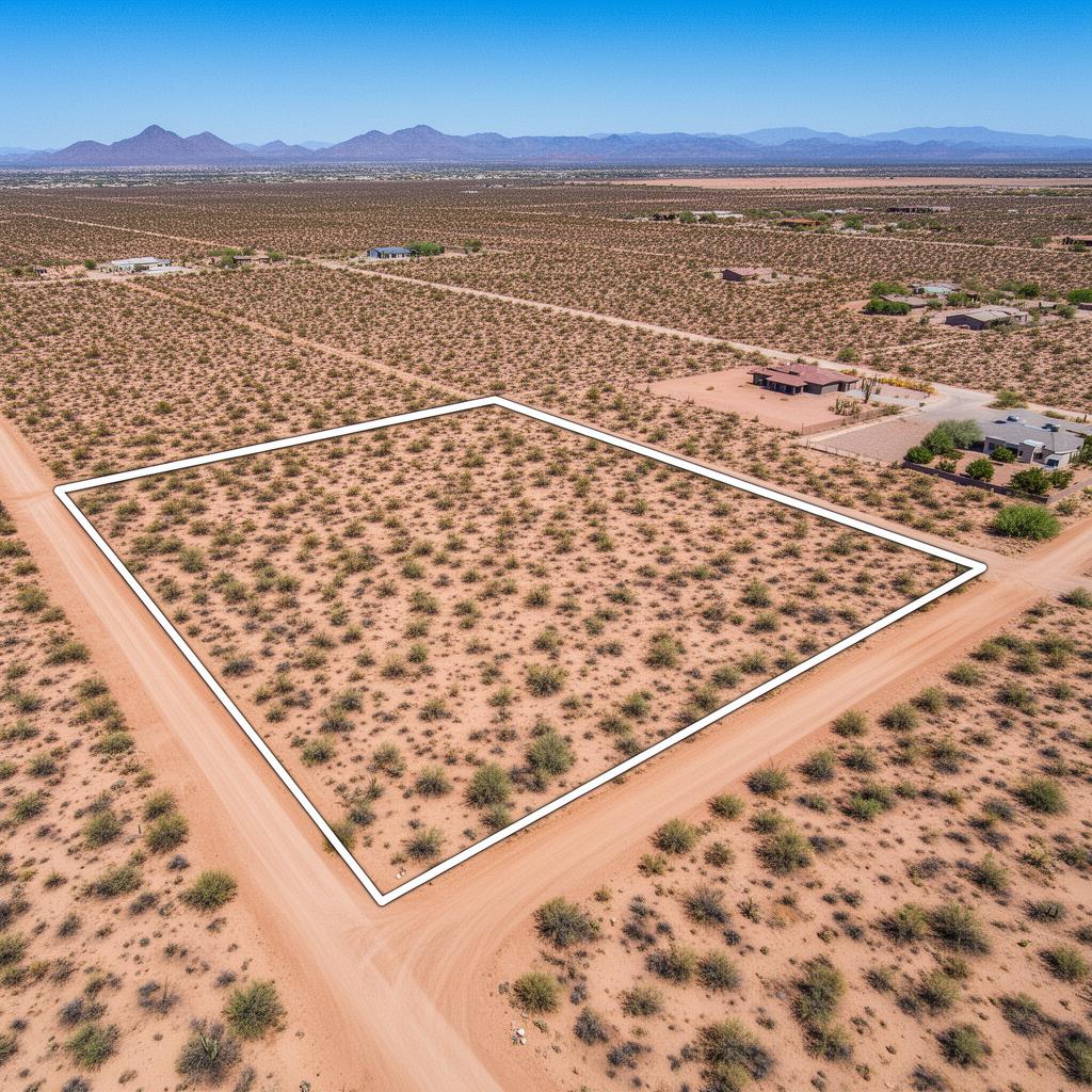 Aerial drone view of Arizona vacant land for sale showing property boundaries