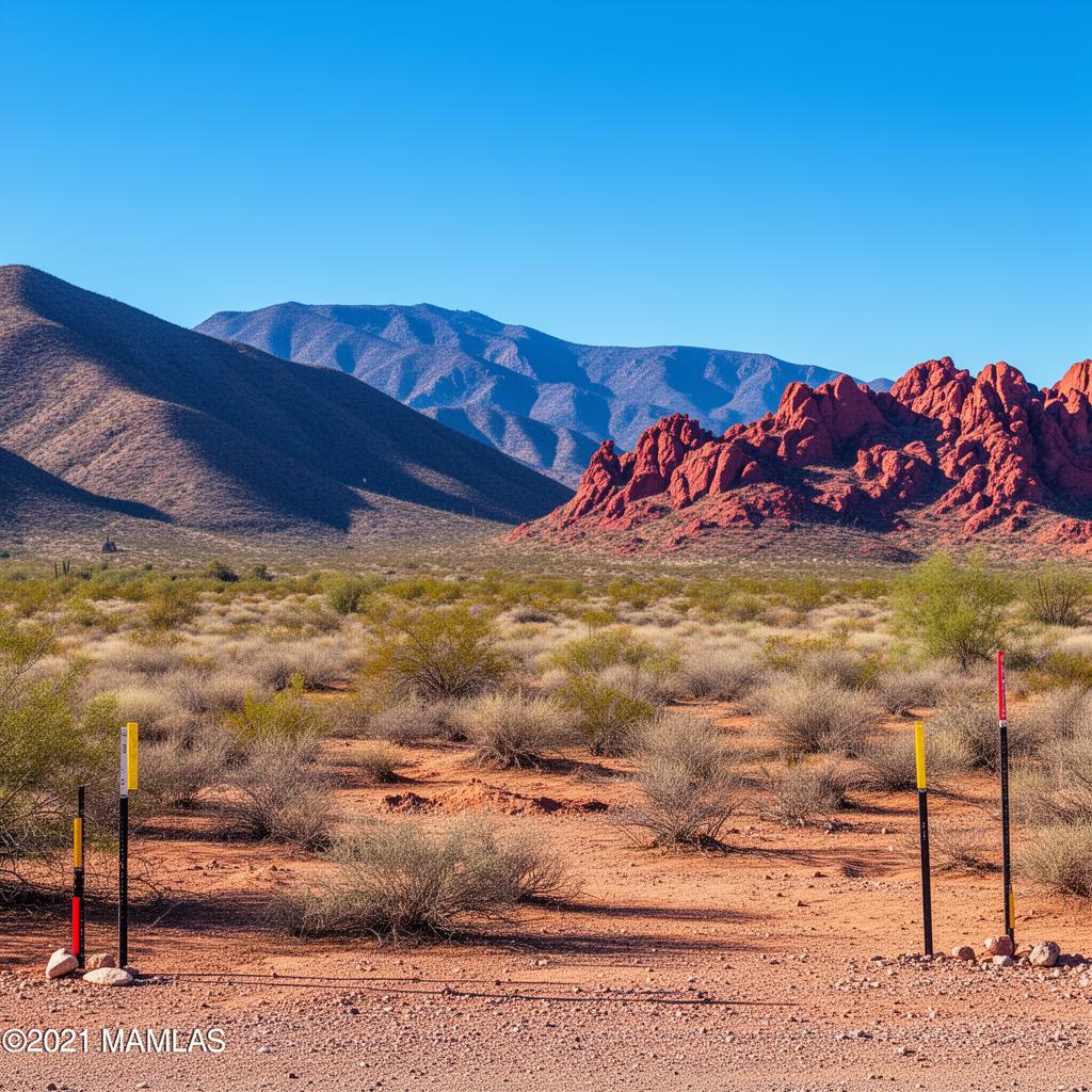 Arizona land parcel with red rock mountains and survey stakes marking boundaries