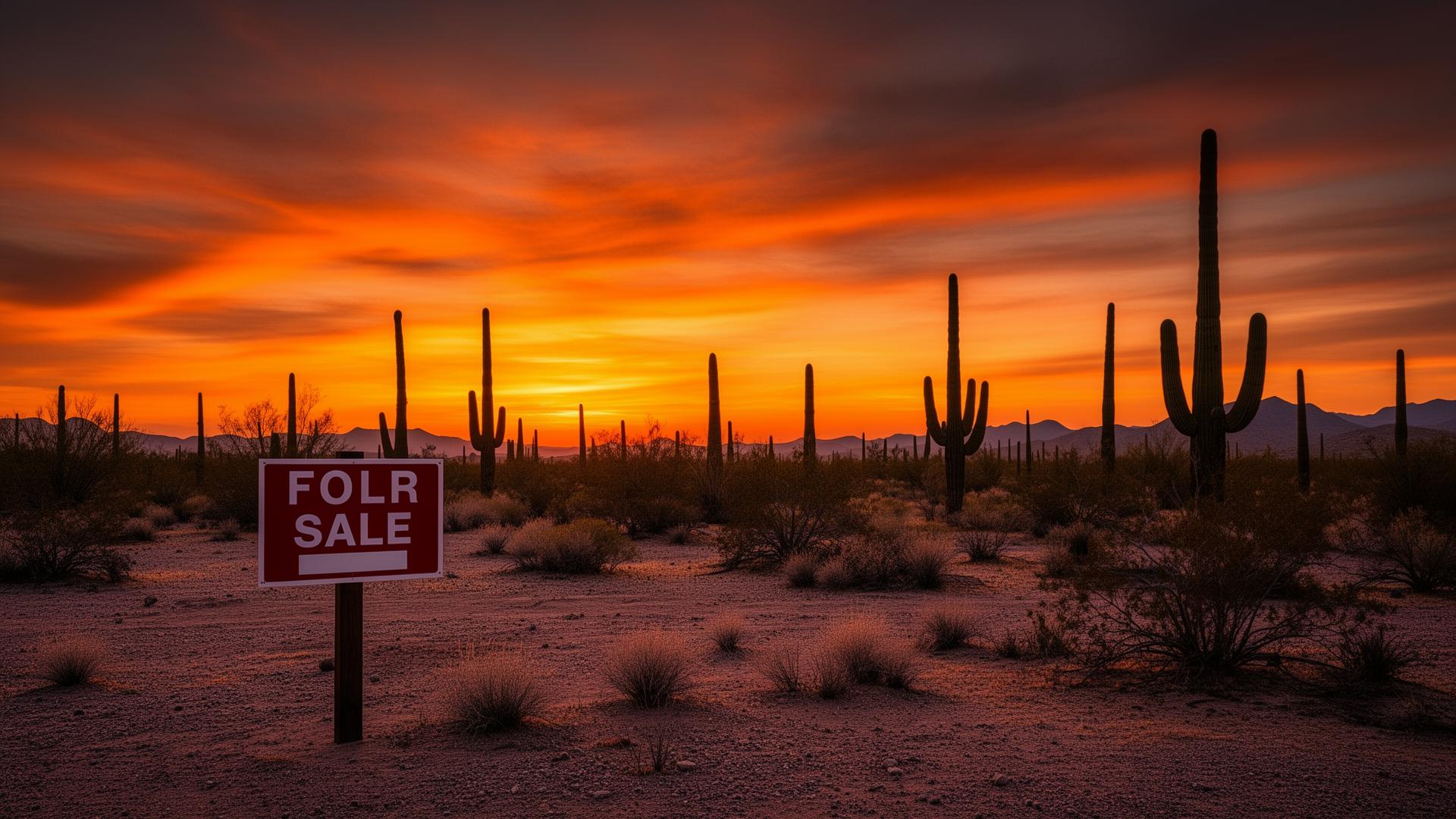 Arizona desert land for sale with saguaro cactus at sunset