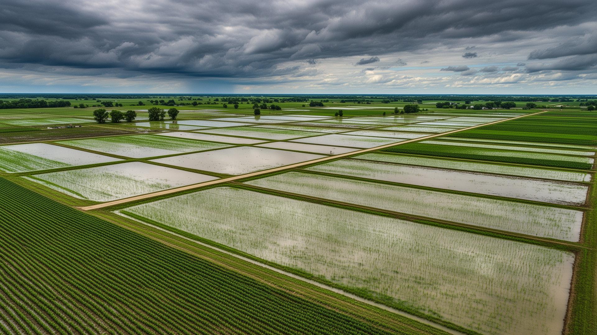 Arkansas Delta farmland with rice paddies under overcast sky