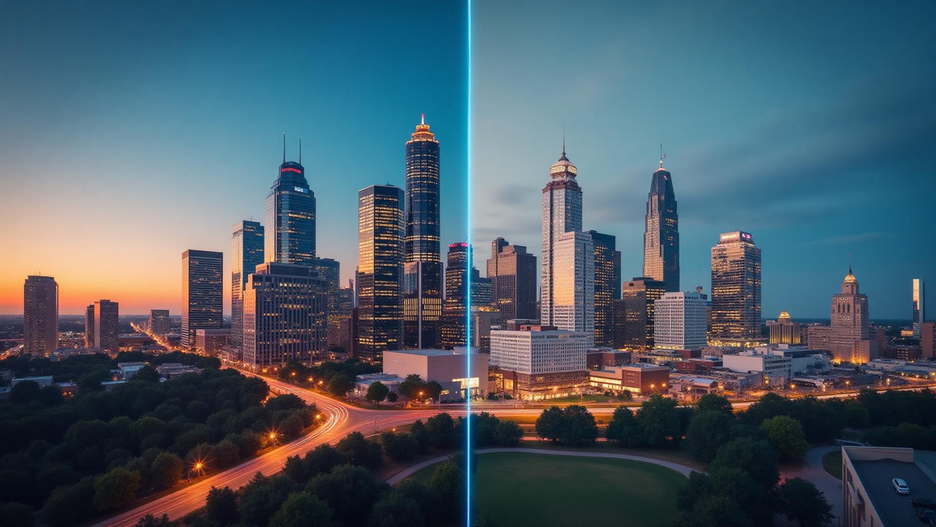 Austin and Nashville skylines split comparison showing luxury housing market differences