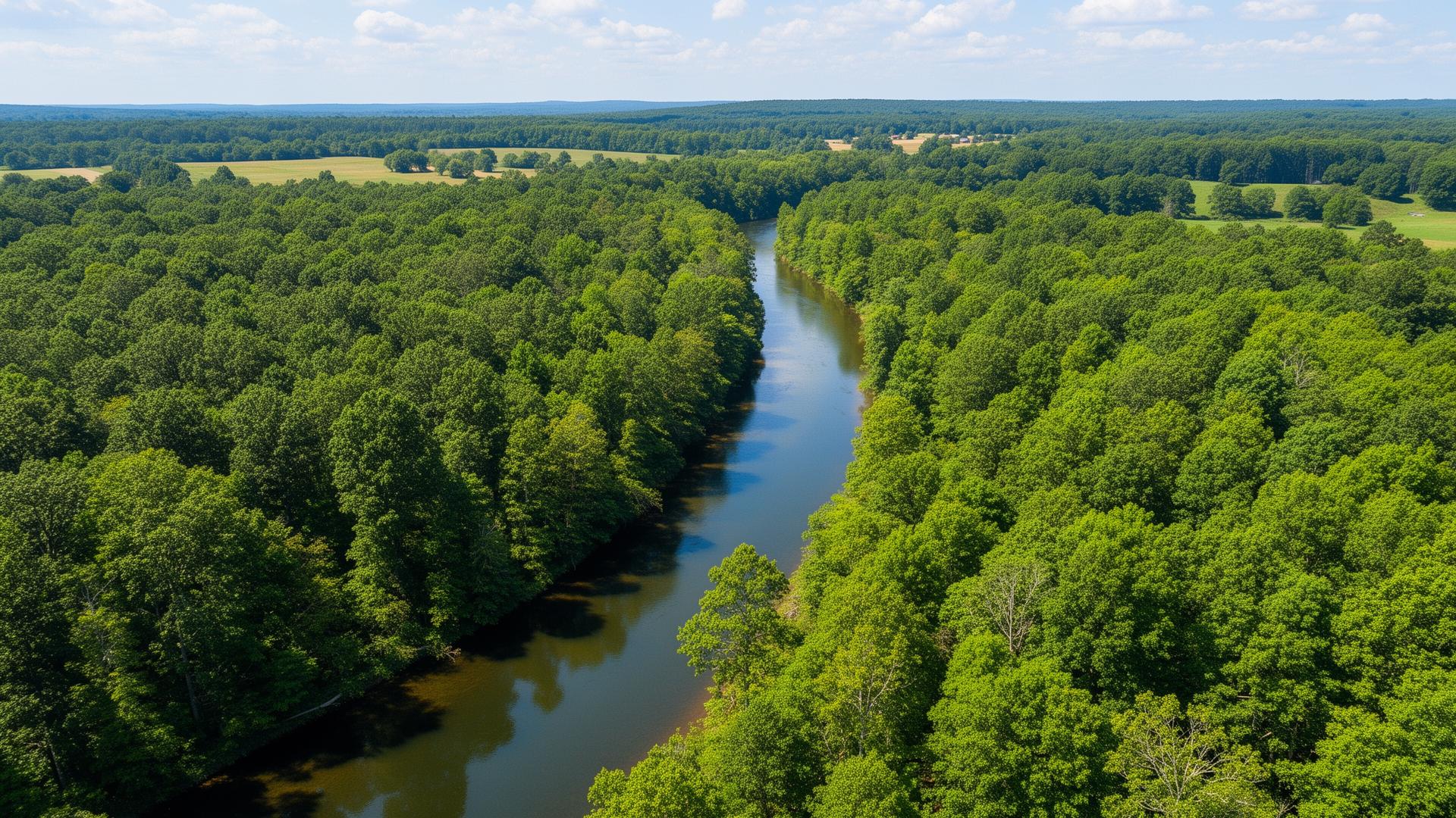 Aerial view of the Cahaba River winding through Bibb County Alabama