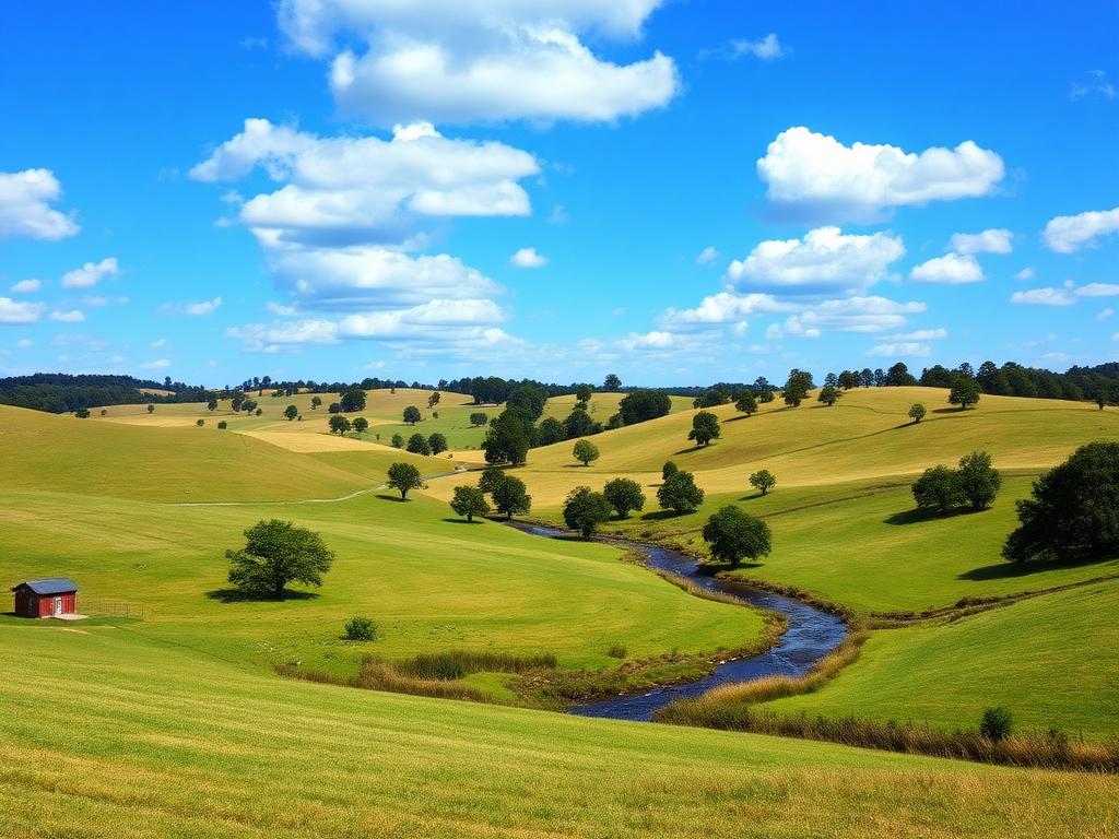 Rolling pastureland with creek in Bibb County Alabama
