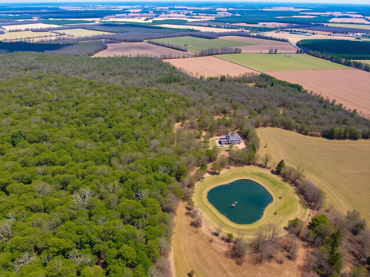 Aerial view of Oklahoma hunting property showing diverse terrain