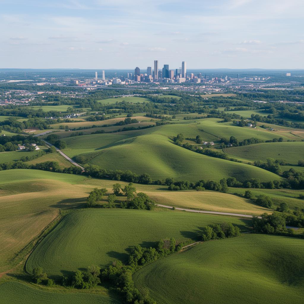Aerial view of Boone County Kentucky farmland with Cincinnati skyline