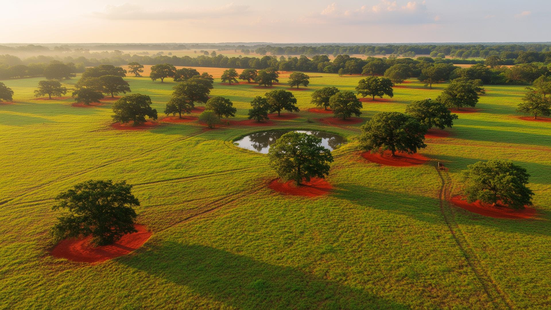 Aerial view of rolling farmland and oak trees in Bullock County Alabama