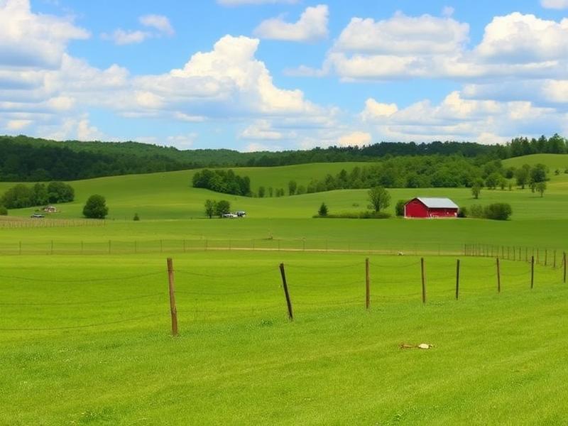 Open cattle pasture with red barn in Bullock County Alabama