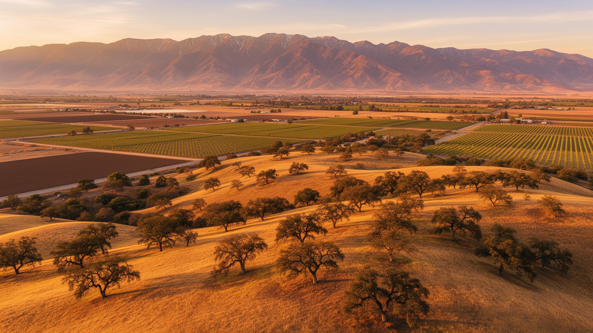 Butte County California golden hills and farmland with Sierra Nevada foothills