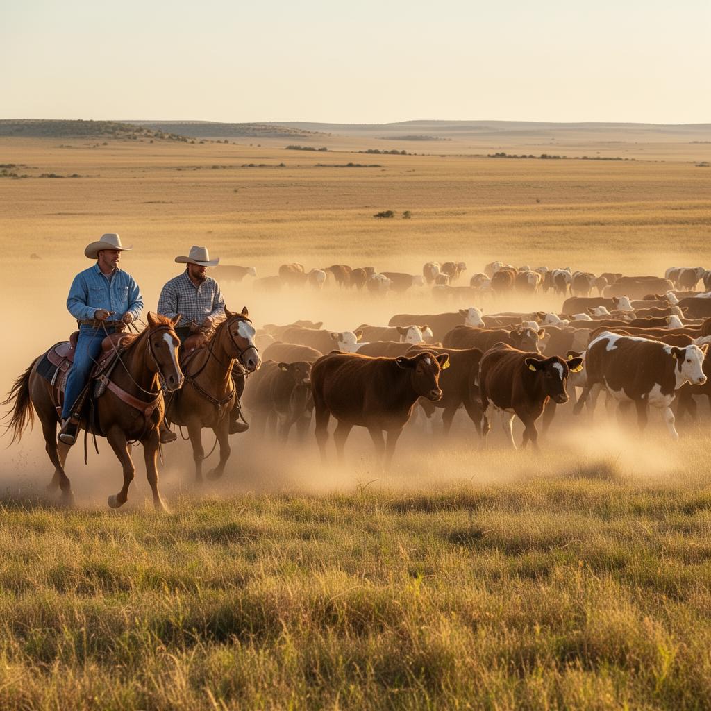 Cowboys on horseback herding cattle across Oklahoma rangeland
