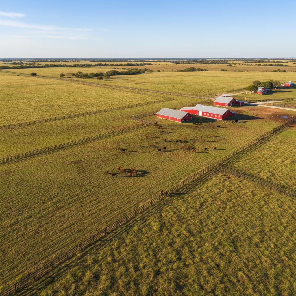 Aerial view of sprawling Oklahoma ranch with red barns and endless pastures