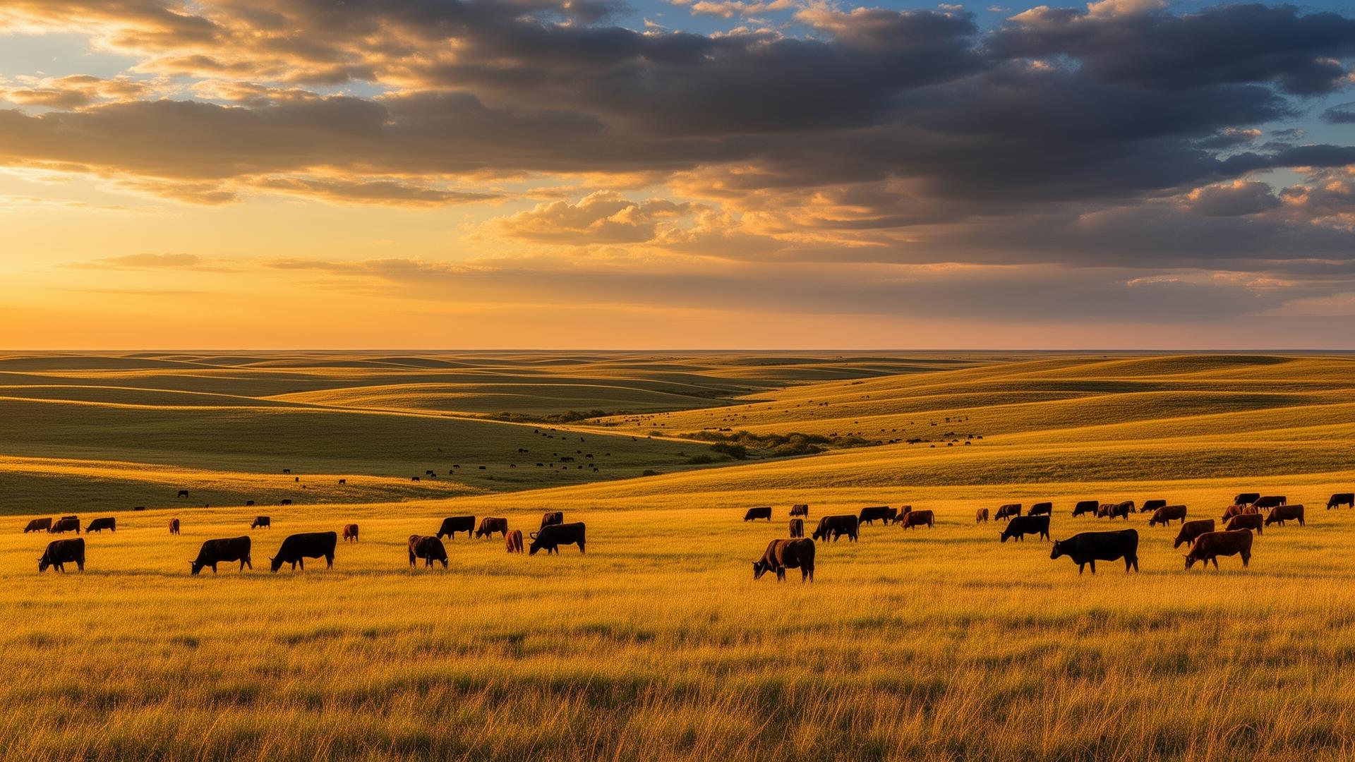 Vast Oklahoma ranchland at golden hour with cattle grazing