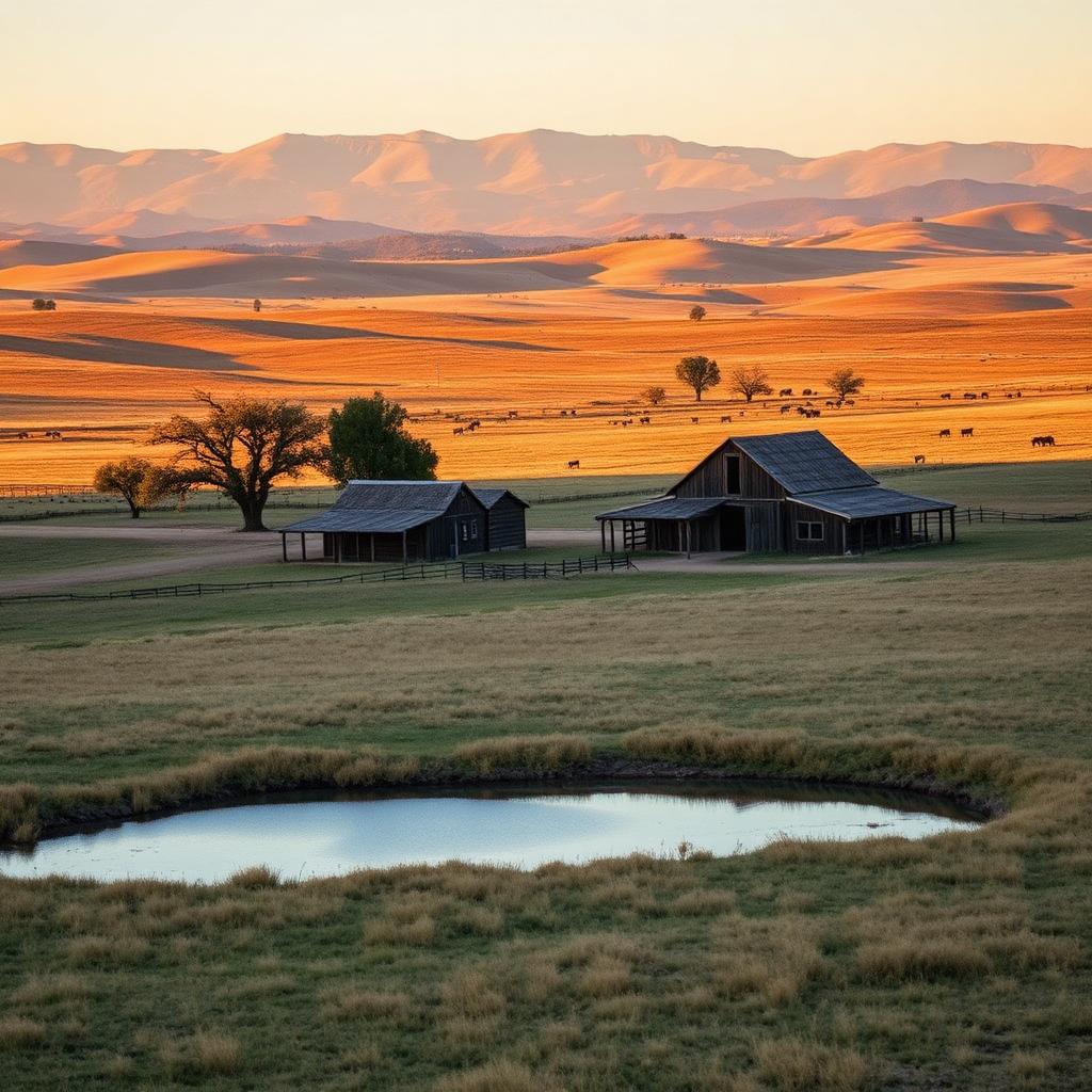 The Elwood Historical Ranch in Fresno County, California at golden hour — rolling grassland, century-old outbuildings and a spring-fed pond.