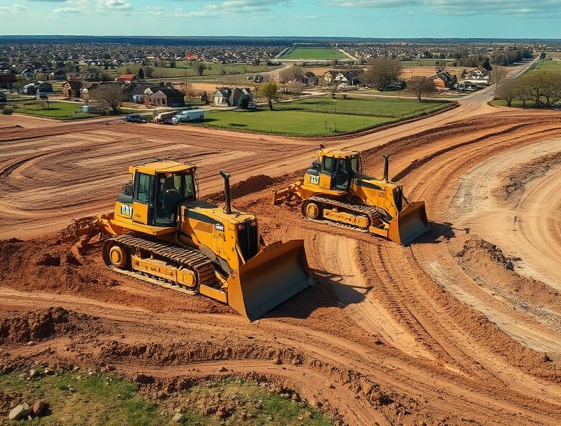 Bulldozers clearing farmland for suburban development