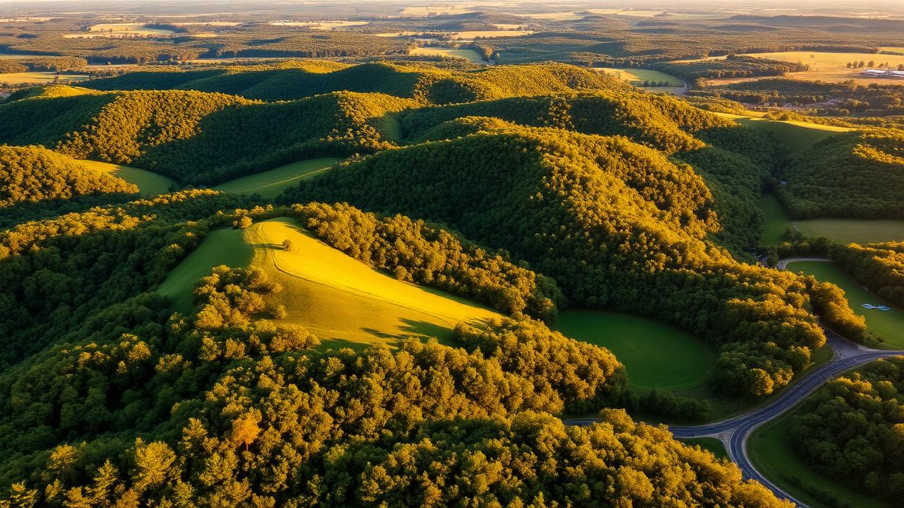 Rolling hills and forests in Fayette County Alabama