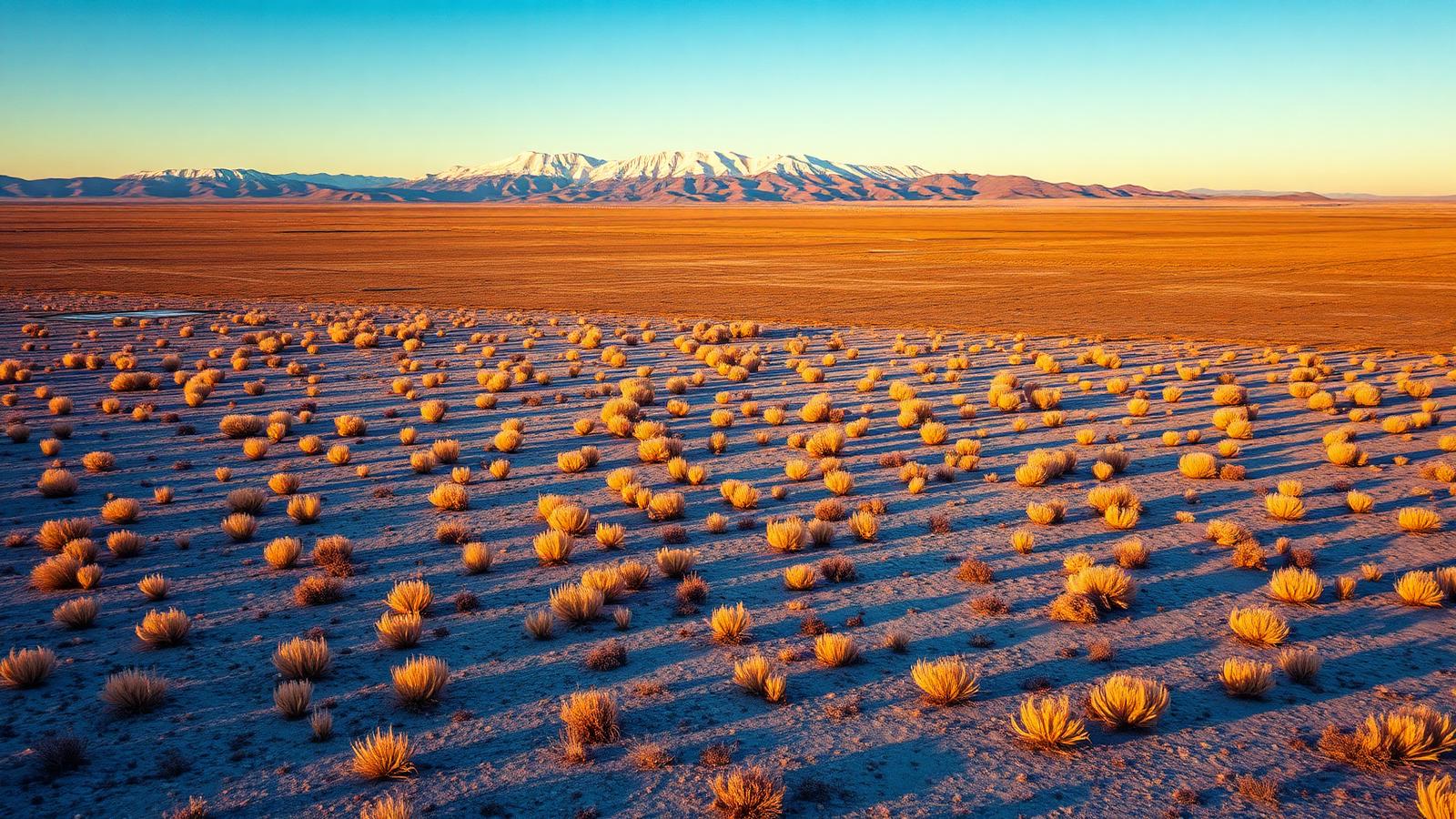 Aerial view of rural Nevada high desert basin rangeland at golden hour, distant snow-dusted mountain range, sagebrush covered plain — evocative of Elko or Humboldt County