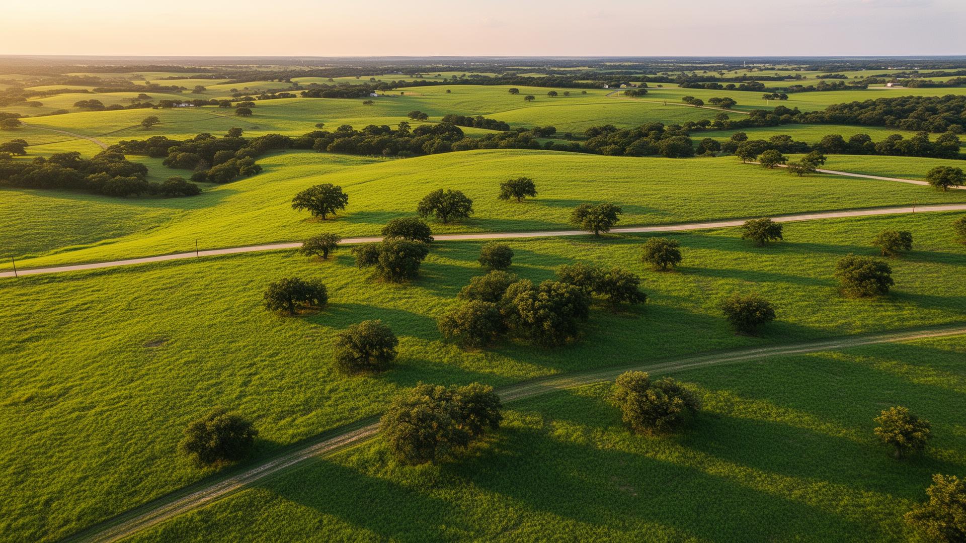 Rolling green pastures in Grimes County, Texas Brazos Valley at sunset