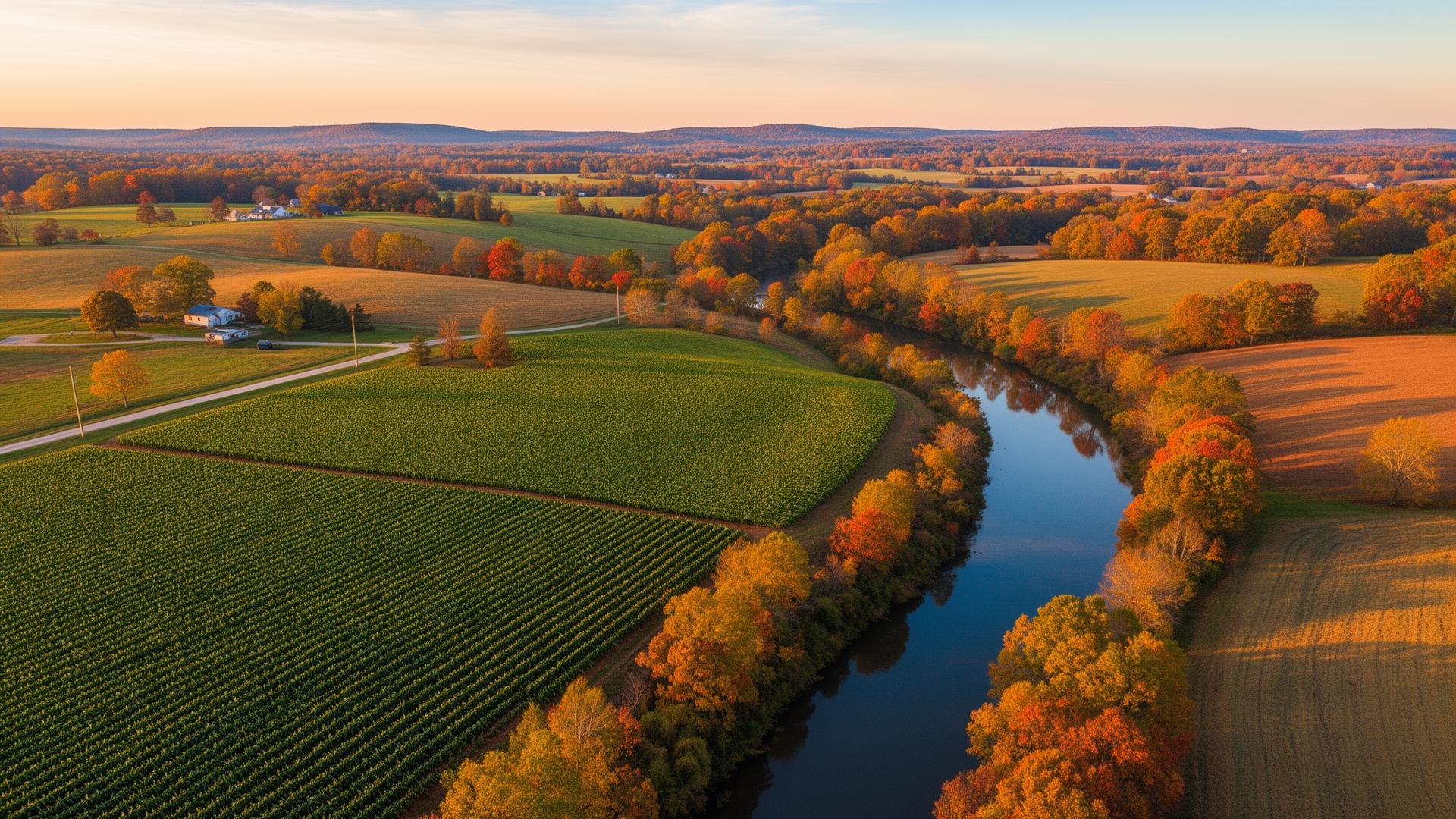 Rolling farmland and Banister River in Halifax County, Virginia