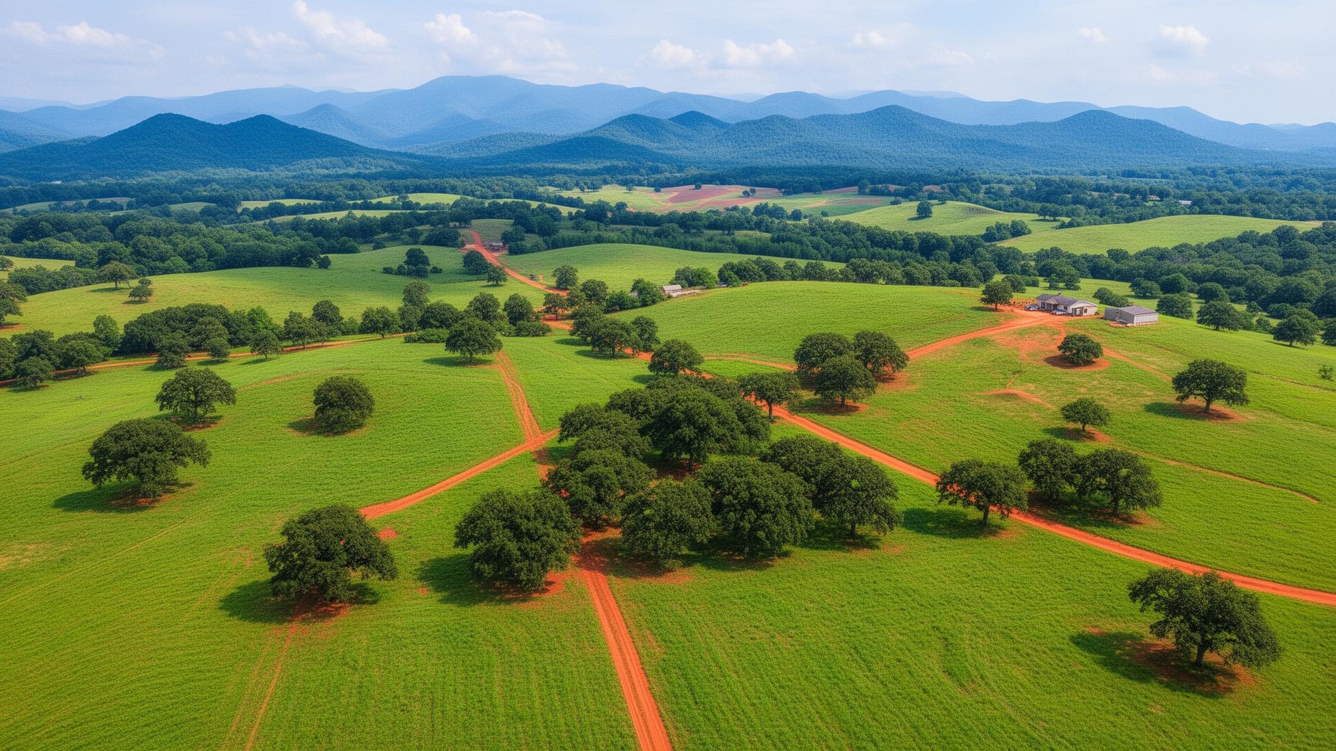 Rolling farmland and pastures in Madison County, Georgia with Blue Ridge foothills