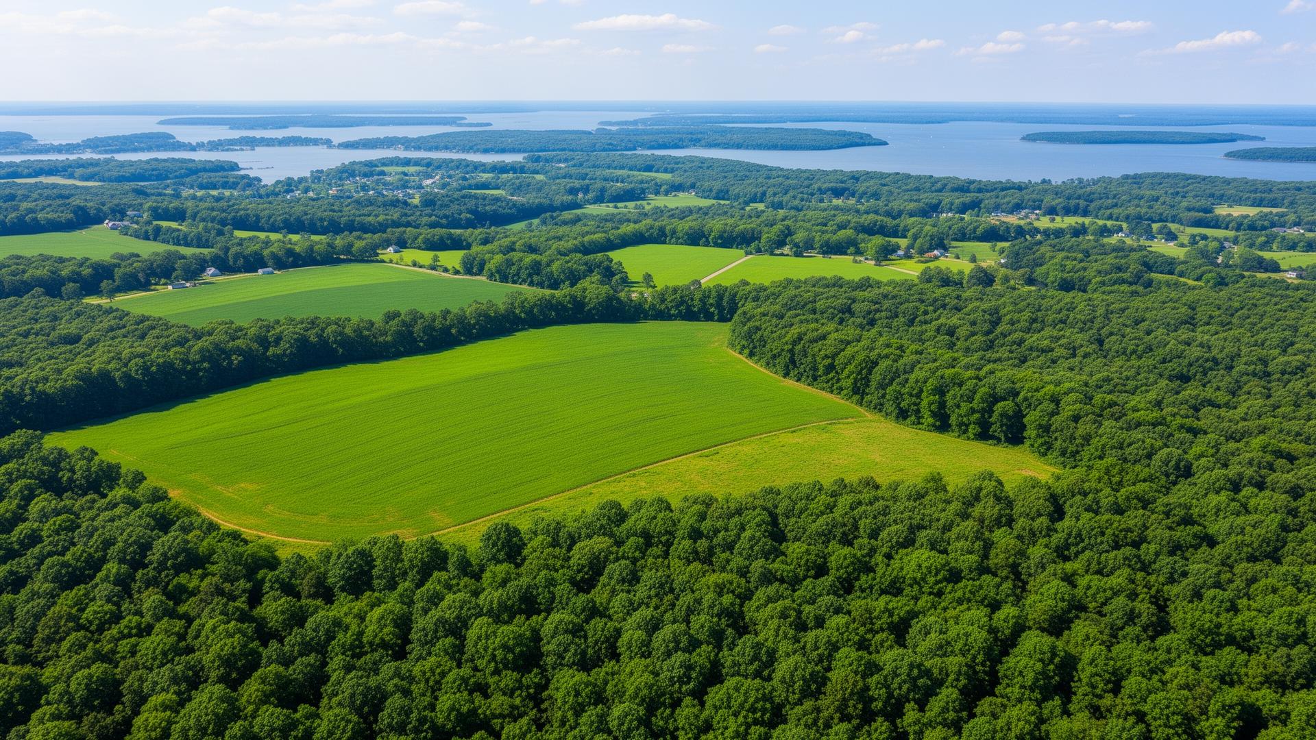 Aerial view of Maryland protected farmland and forests near Chesapeake Bay