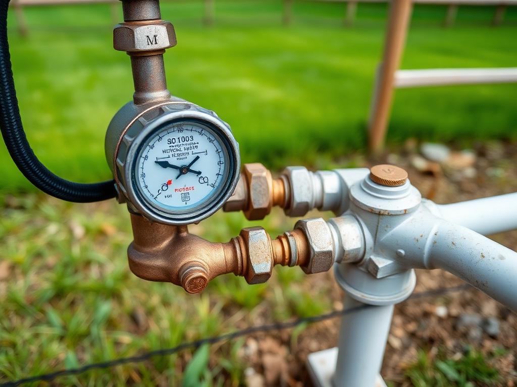 Municipal water meter and connection pipes on rural property