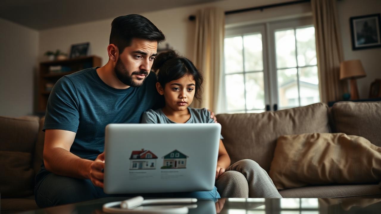 Family struggling with housing affordability while searching online