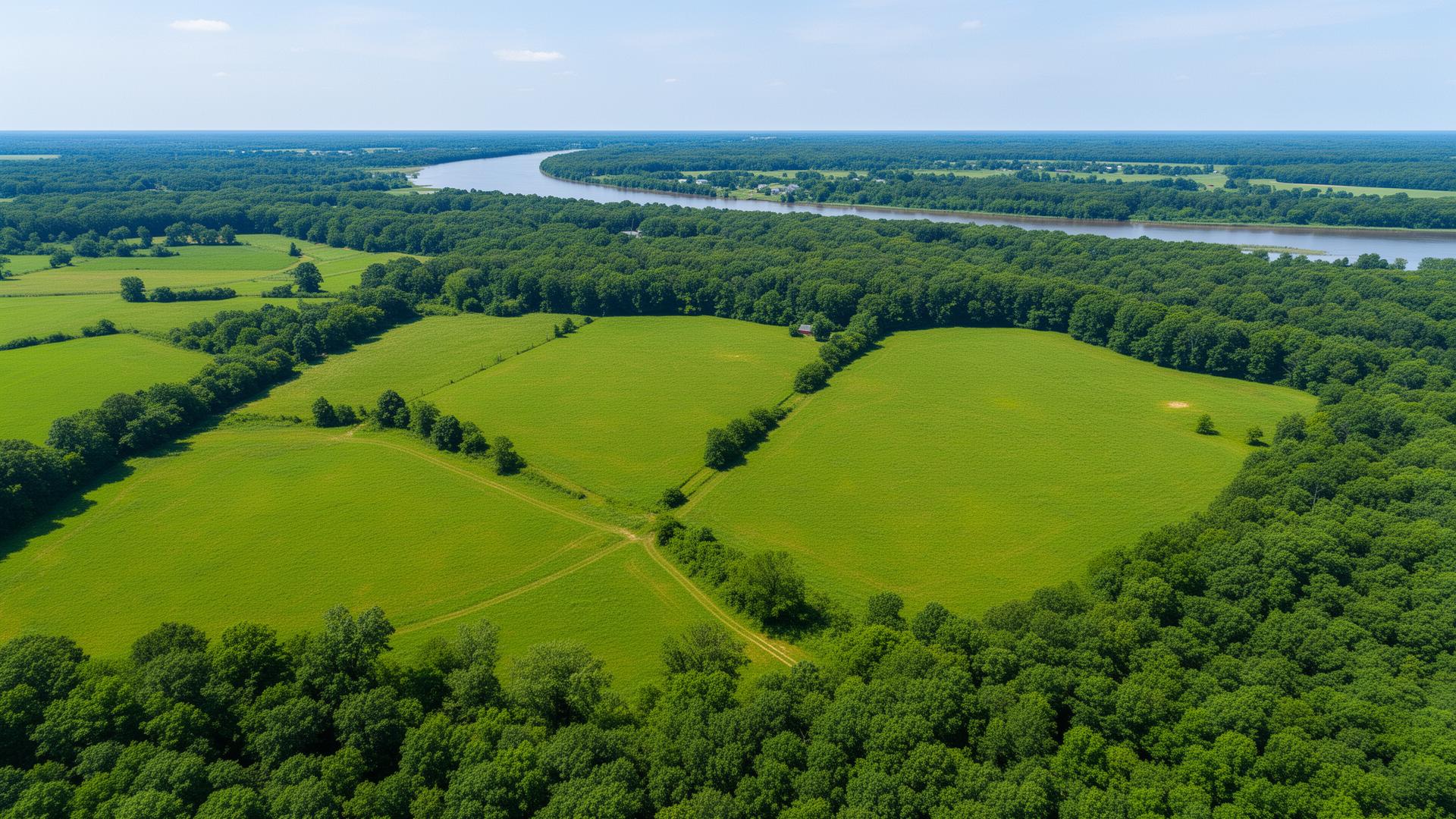 Aerial view of Richmond County Virginia farmland along the Rappahannock River