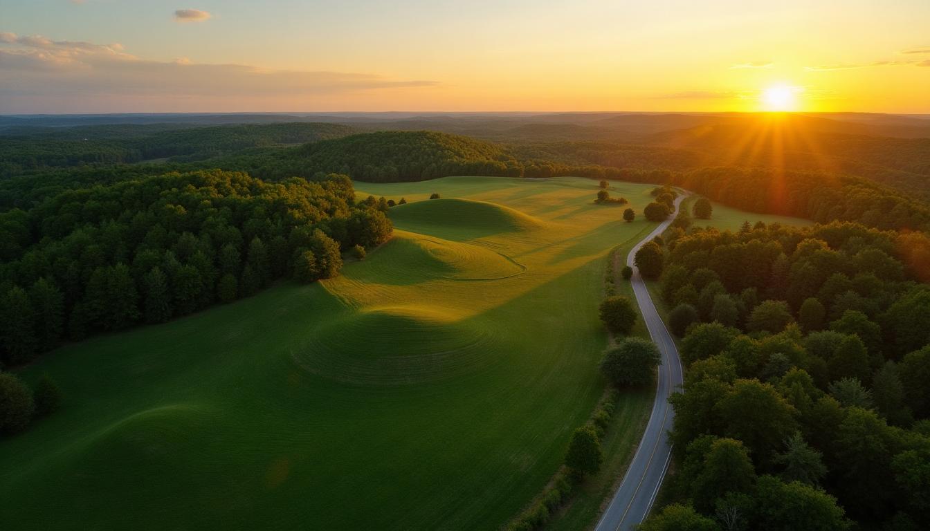 Beautiful Arkansas farmland and forest at golden hour