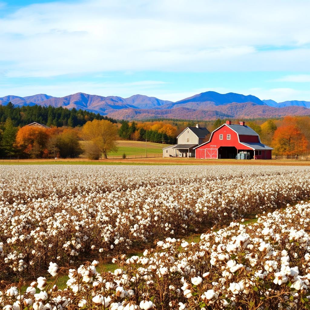 South Carolina Upstate farmland with cotton fields and Blue Ridge Mountains in background