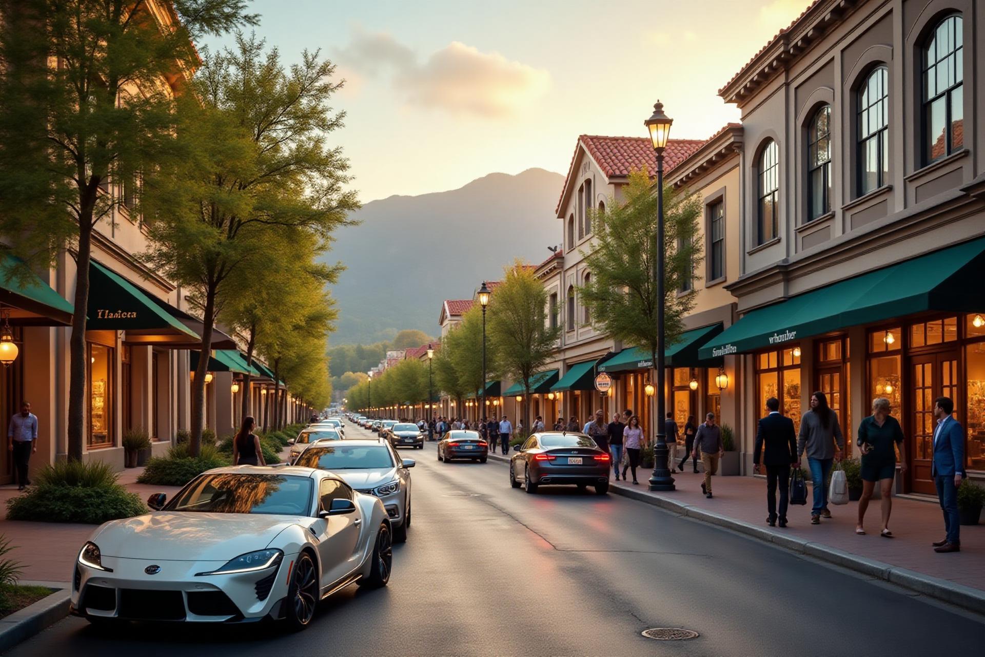 Affluent small town in America with luxury shops and high-end real estate
