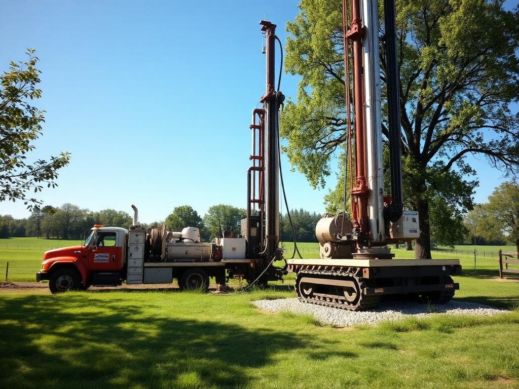 Well drilling equipment installing a private water well on rural land
