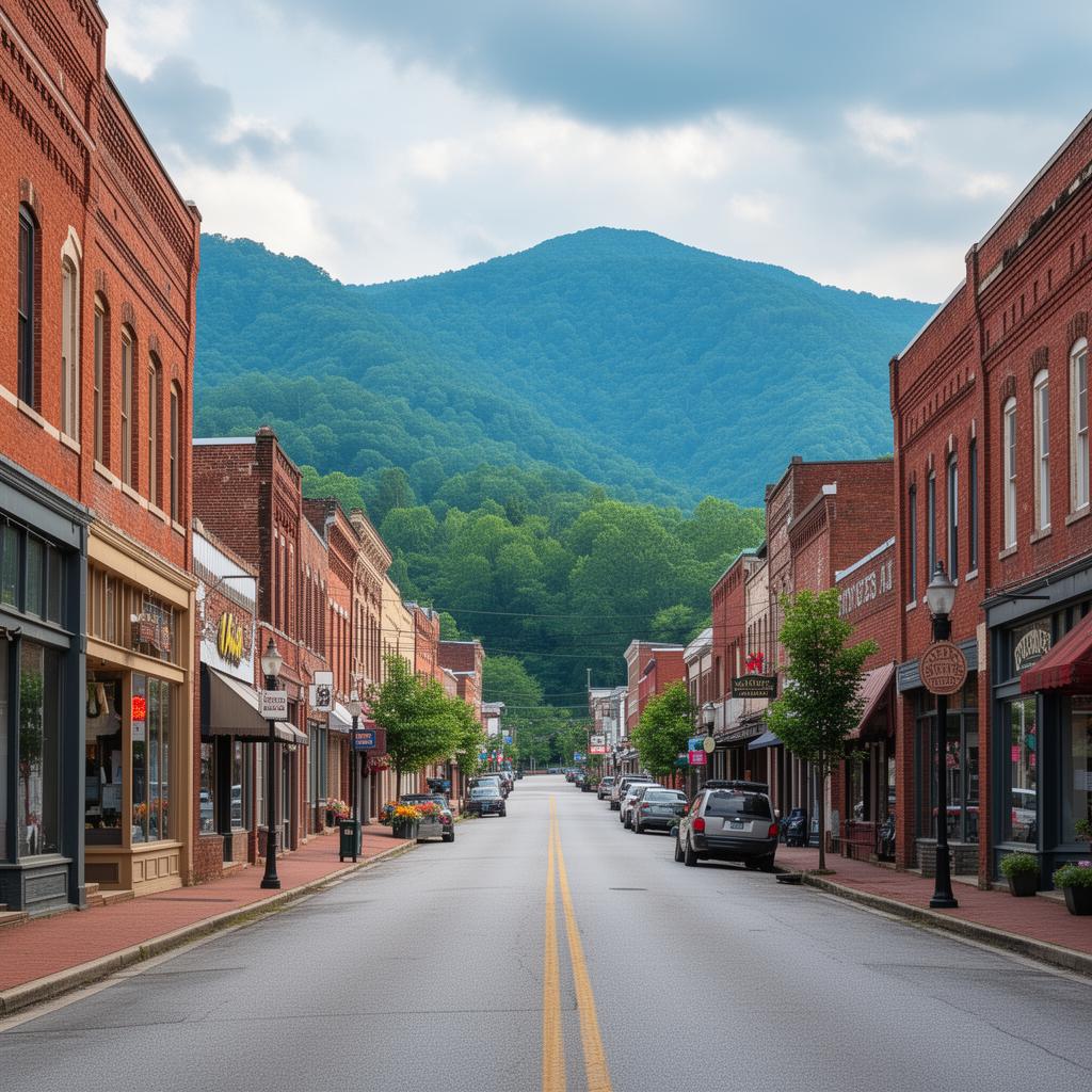 Downtown Big Stone Gap Virginia historic main street with mountain backdrop