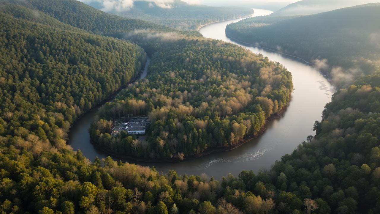 Aerial view of Wolf River winding through Tennessee forest